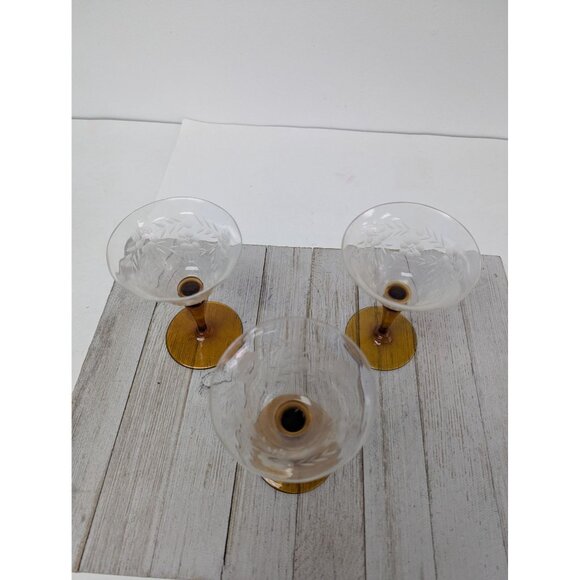 Vintage 5 1/4" Juice Cordial Cocktail Glasses Set Of 3 Amber Stem Floral Ivy - Picture 4 of 7